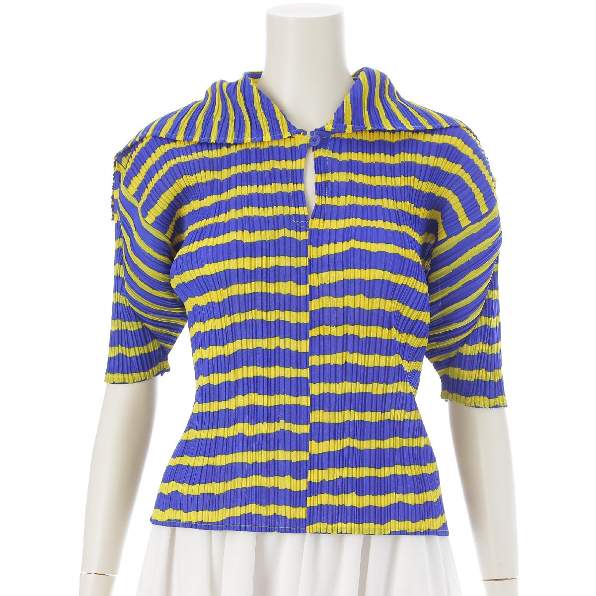 PLEATS PLEASE ISSEY  1999 Border Pattern Sailor collar Short sleeves blouse Tops cut PP96-JK093 Blue yellow 3