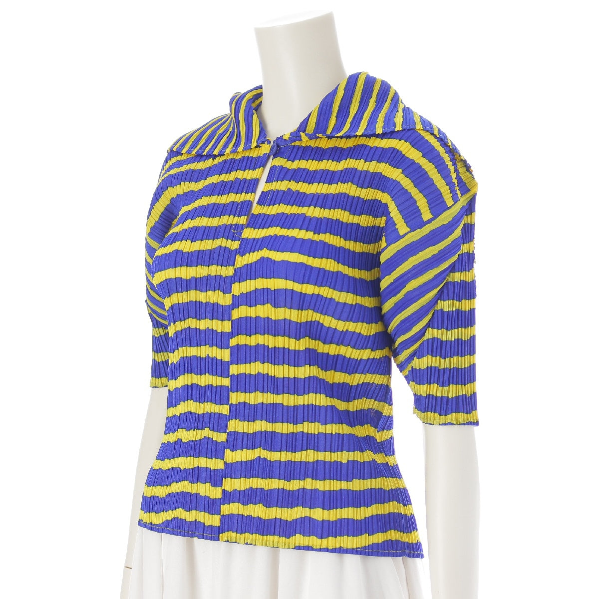 PLEATS PLEASE ISSEY  1999 Border Pattern Sailor collar Short sleeves blouse Tops cut PP96-JK093 Blue yellow 3