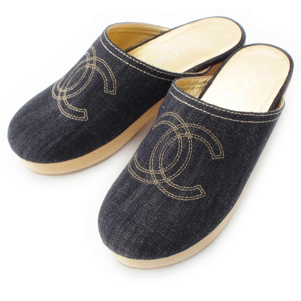 CHANEL Cotton denim COCO Mark Sabo Sandals Mule Indigo blue 35