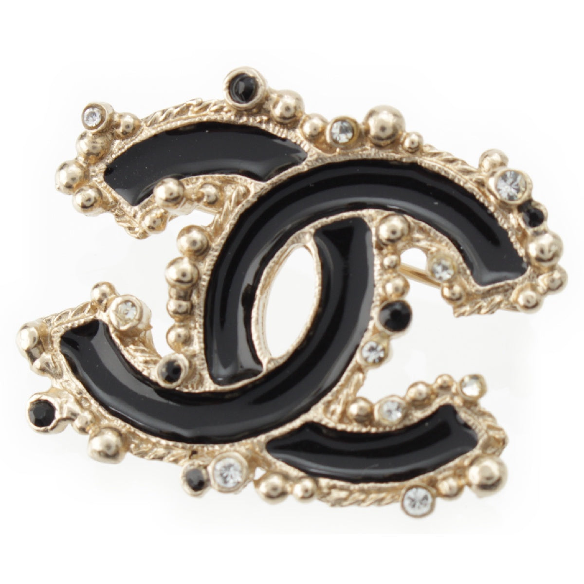 CHANEL B21A GP Gold COCO Mark Bijou Decoration Rhinestone Brooch black