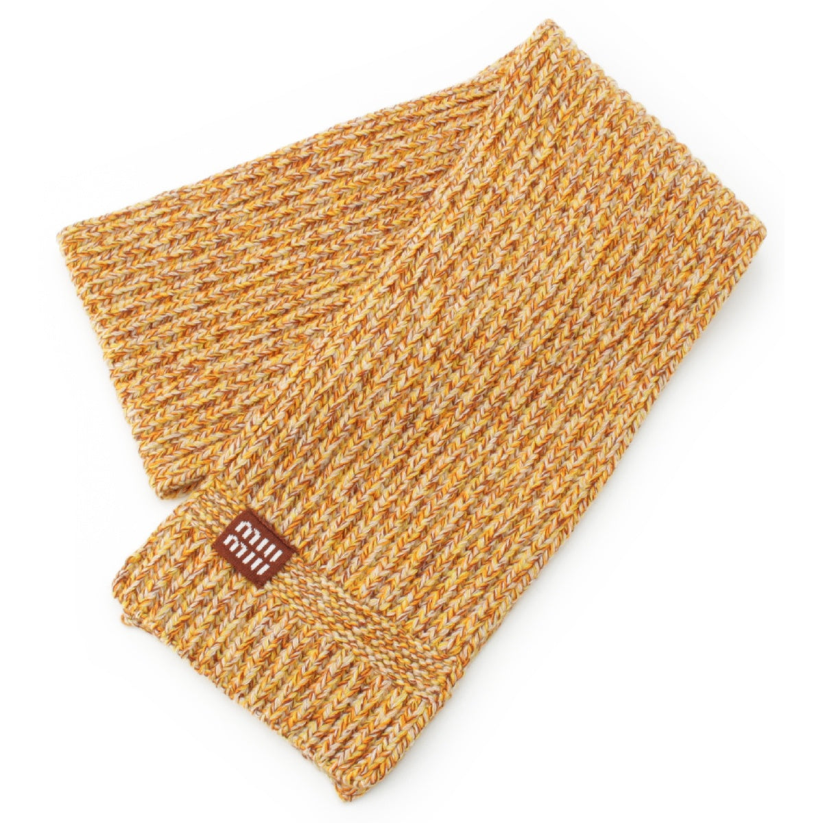 MIUMIU 23AW Cashmere Wool Logo patch melange knit Scarf Stall 5FS048 Yellow brown