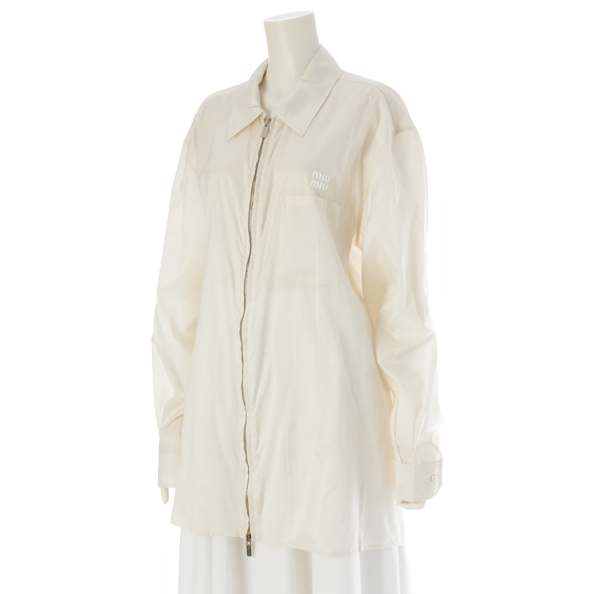 MIUMIU 22 years silk Logo See-through Oversized Jacket Double Zip Shirt Blouson Outerwear MK1746 off white 42