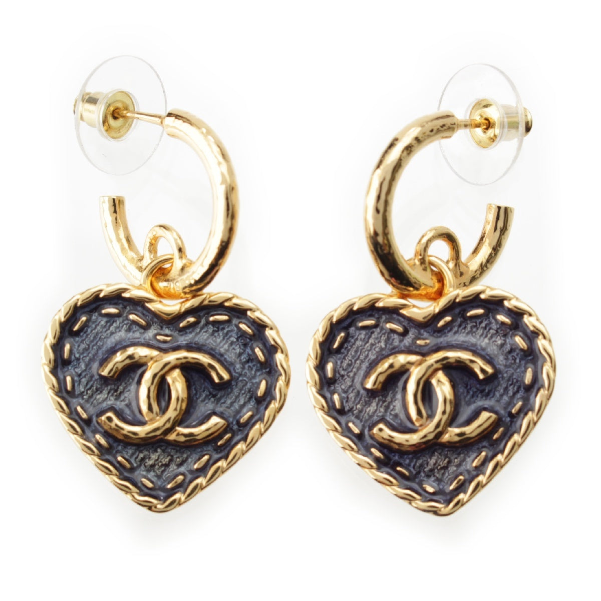 CHANEL COCO Mark Heart Denim Motif Swing Pierce Accessories I24P Blue gold