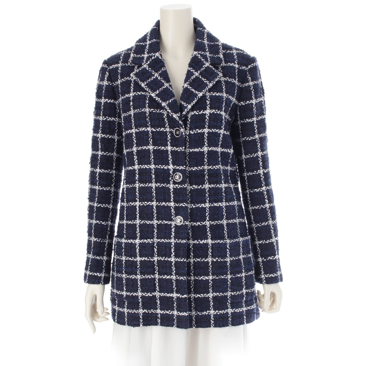 CHANEL tweed COCO Button Check tailored jacket P76721 Blue white 38