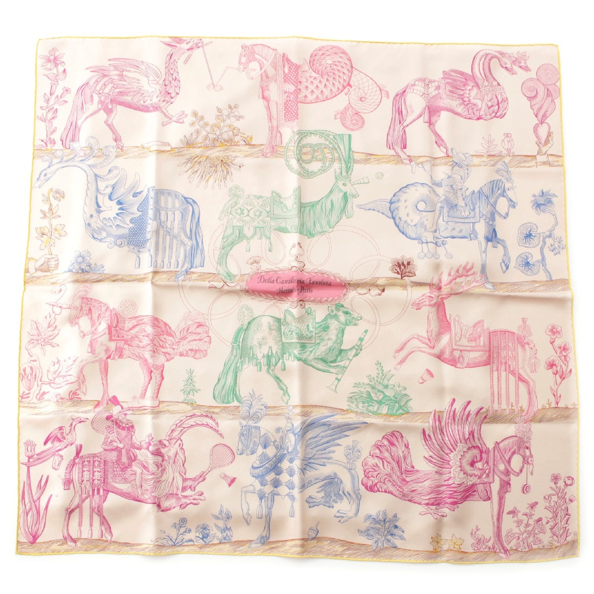 HERMES Calle 90 silk Double face Della Cavalleria Favolosa scarf pink