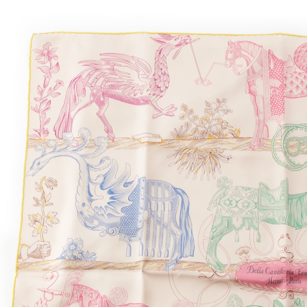 HERMES Calle 90 silk Double face Della Cavalleria Favolosa scarf pink