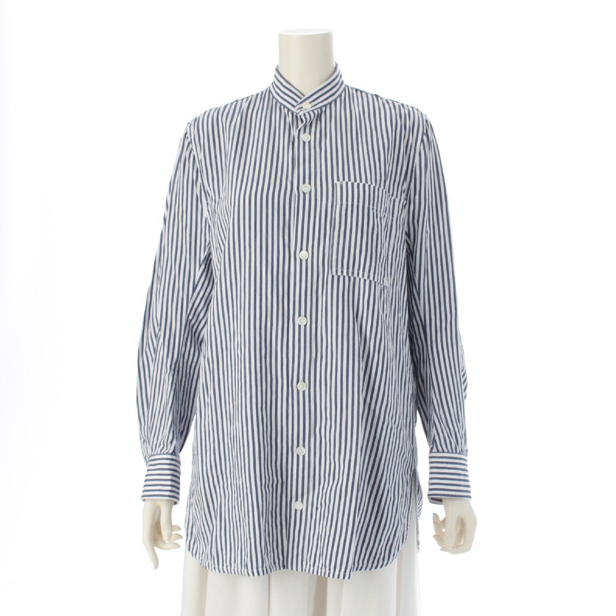 BOTTEGAVENETA 23Stainless Steel Cotton linen Striped stand-up collar oversized Long sleeve shirt tops 708853 Blue white 34