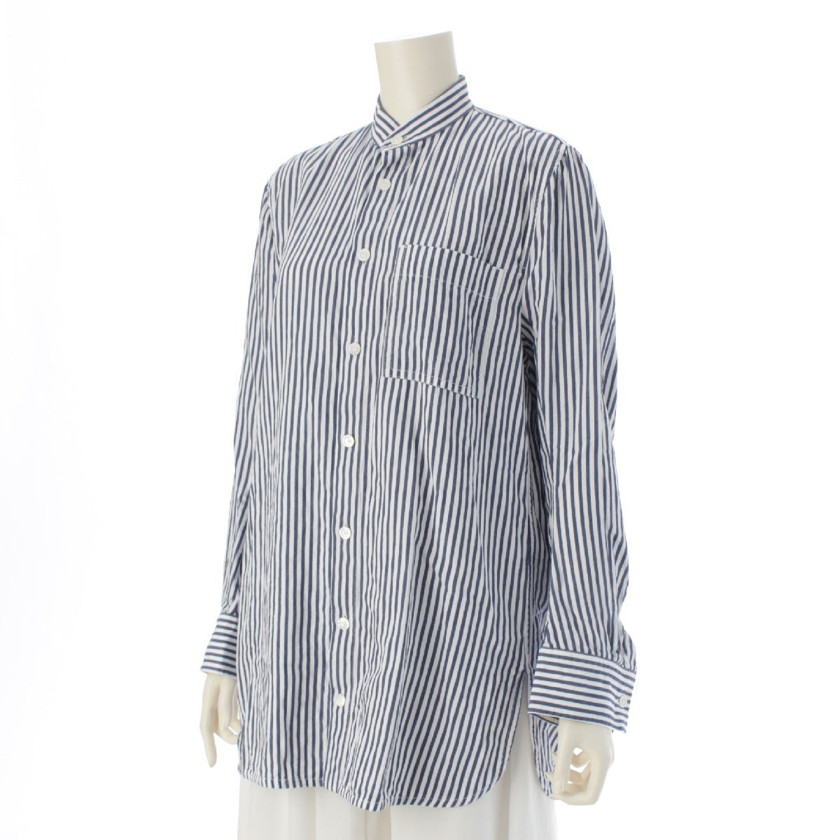 BOTTEGAVENETA 23Stainless Steel Cotton linen Striped stand-up collar oversized Long sleeve shirt tops 708853 Blue white 34