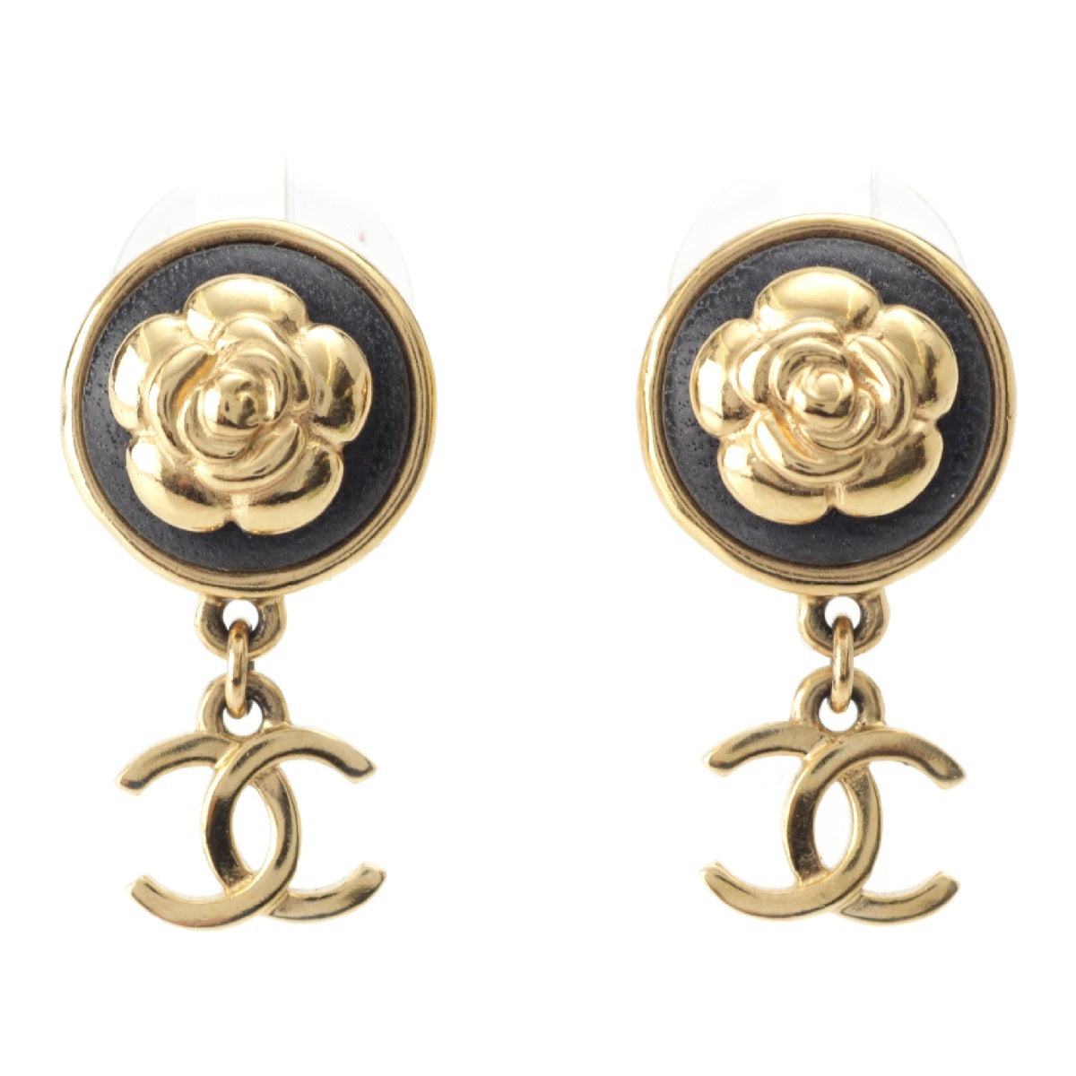 CHANEL I22A Camellia Button COCO Mark Swing Pierce Earring accessories AB8977 Black gold