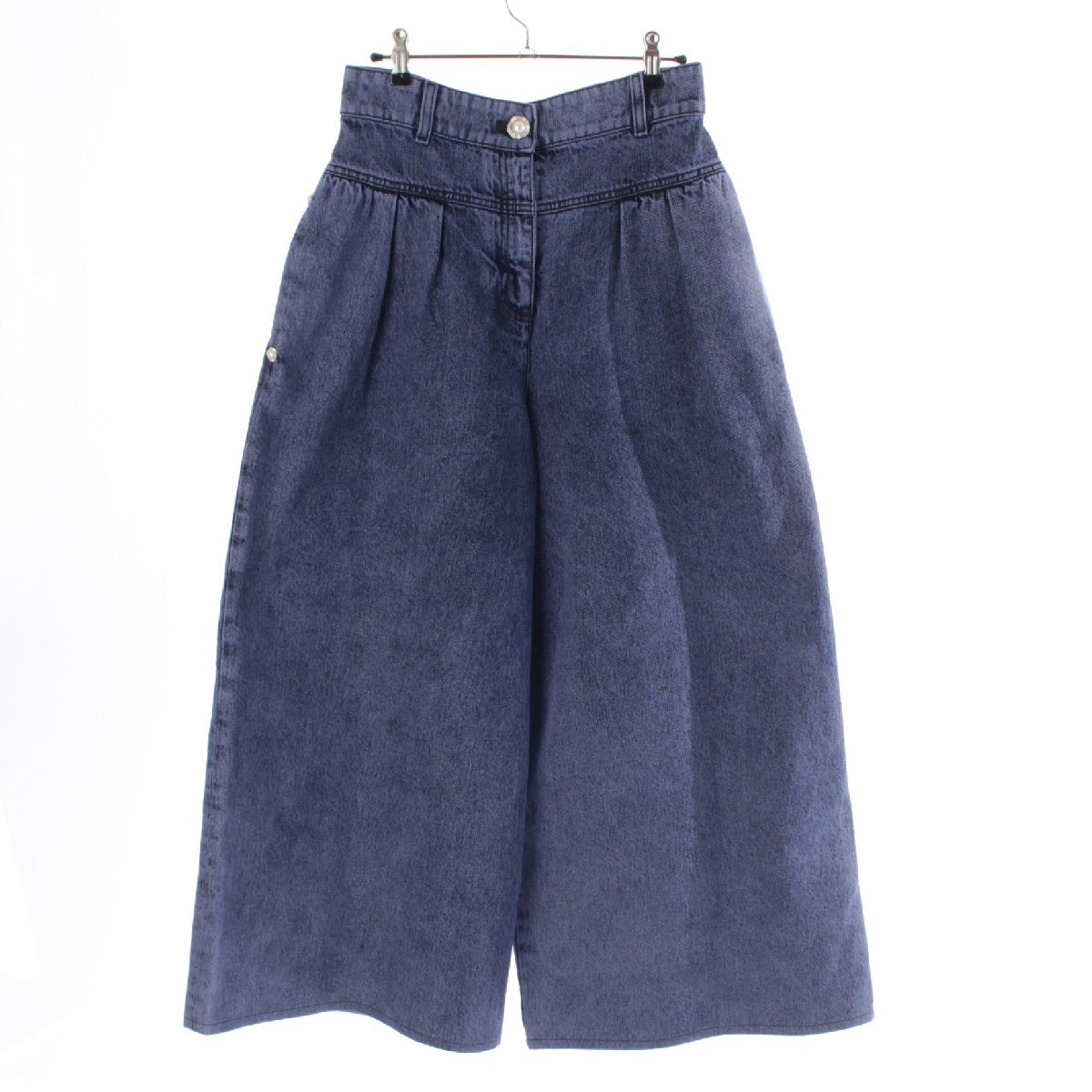 CHANEL 22 years cotton COCO Mark Pearl Button Wide Denim pants Gaucho Bottoms Jeans P73404 blue 38