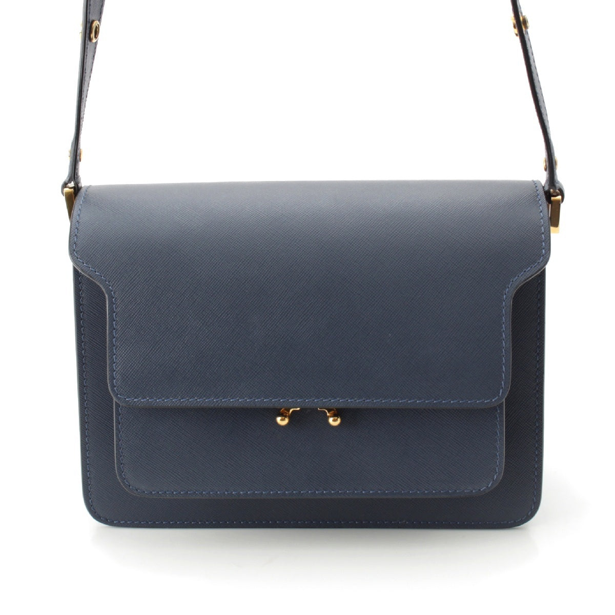 MARNI Medium Trunk Calfskin flap Shoulder Bag Cross body Navy Gold Metal