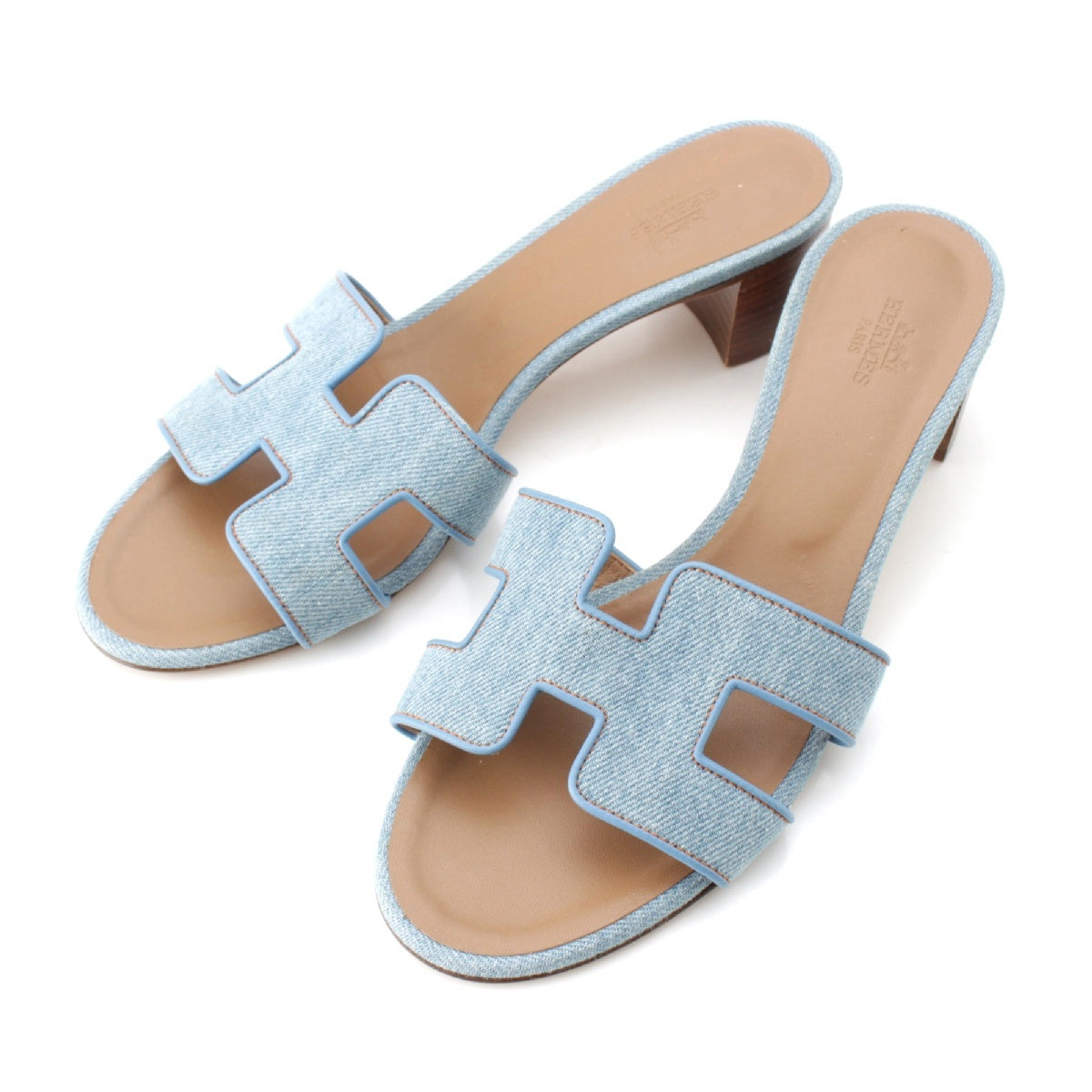 HERMES Oasis H motif denim heels Sandals Mule AF211250Z2012 Ice blue 38 1/2