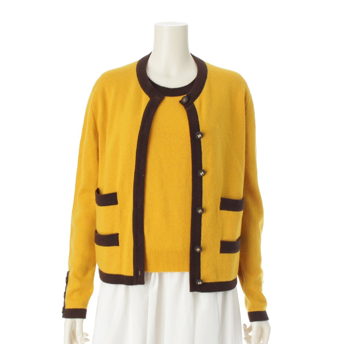 CHANEL 96A cashmere Vintage COCO Mark button trim knit ensemble Short sleeve top cardigan 4 pockets PO8080 yellow