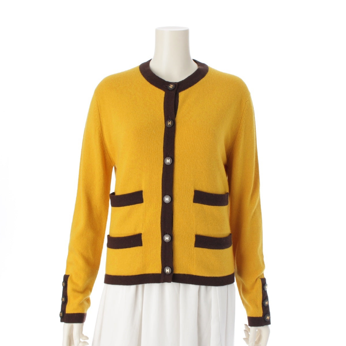 CHANEL 96A cashmere Vintage COCO Mark button trim knit ensemble Short sleeve top cardigan 4 pockets PO8080 yellow