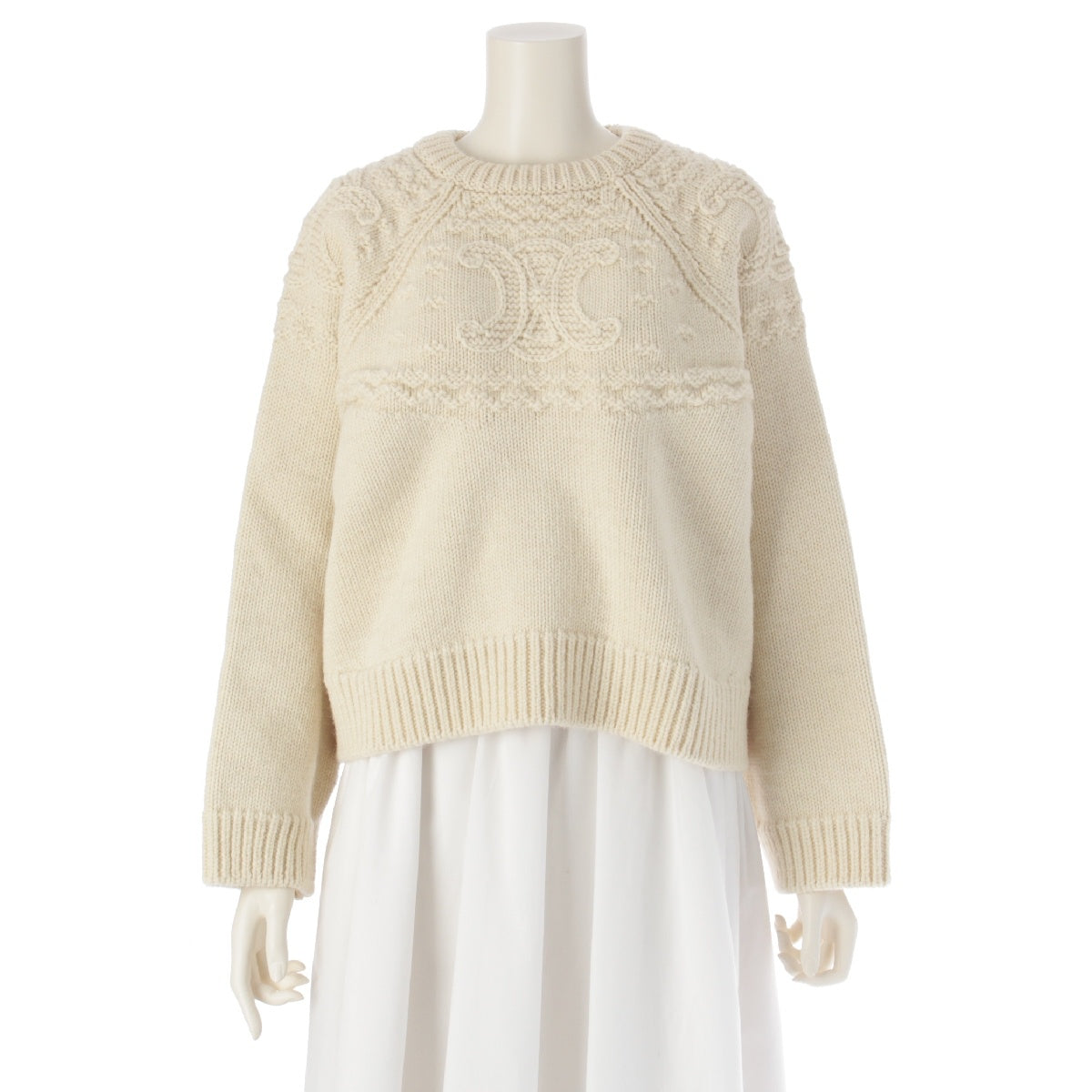 CELINE 22AW wool Triomphe Crew Neck Fisherman knit Sweater tops 2AD09305T Ivory White S