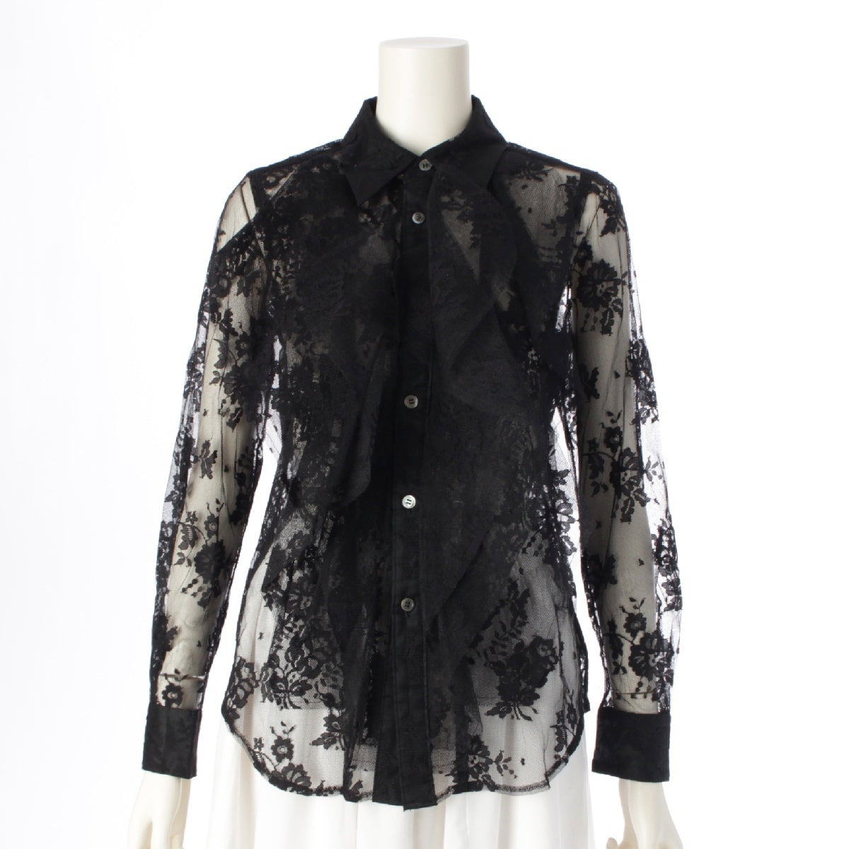 COMME des GARCONS AD2022 Black Rose Period Nylon Floral Flower Rose Lace Embroidery Ruffle blouse Shirt tops GJ-B007 black XS