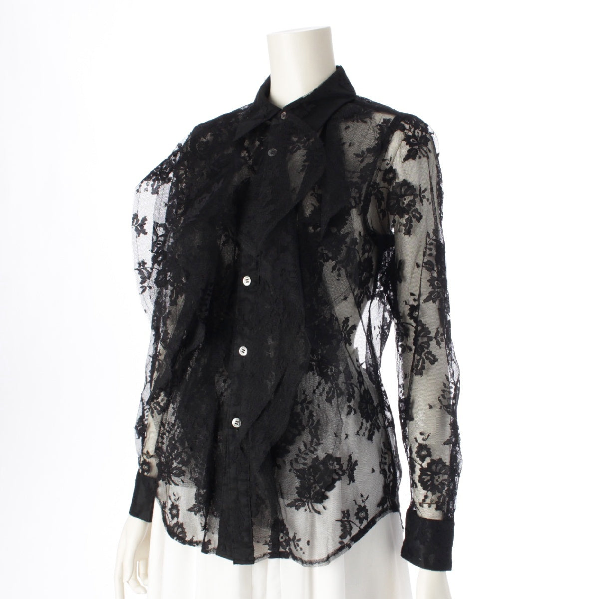 COMME des GARCONS AD2022 Black Rose Period Nylon Floral Flower Rose Lace Embroidery Ruffle blouse Shirt tops GJ-B007 black XS