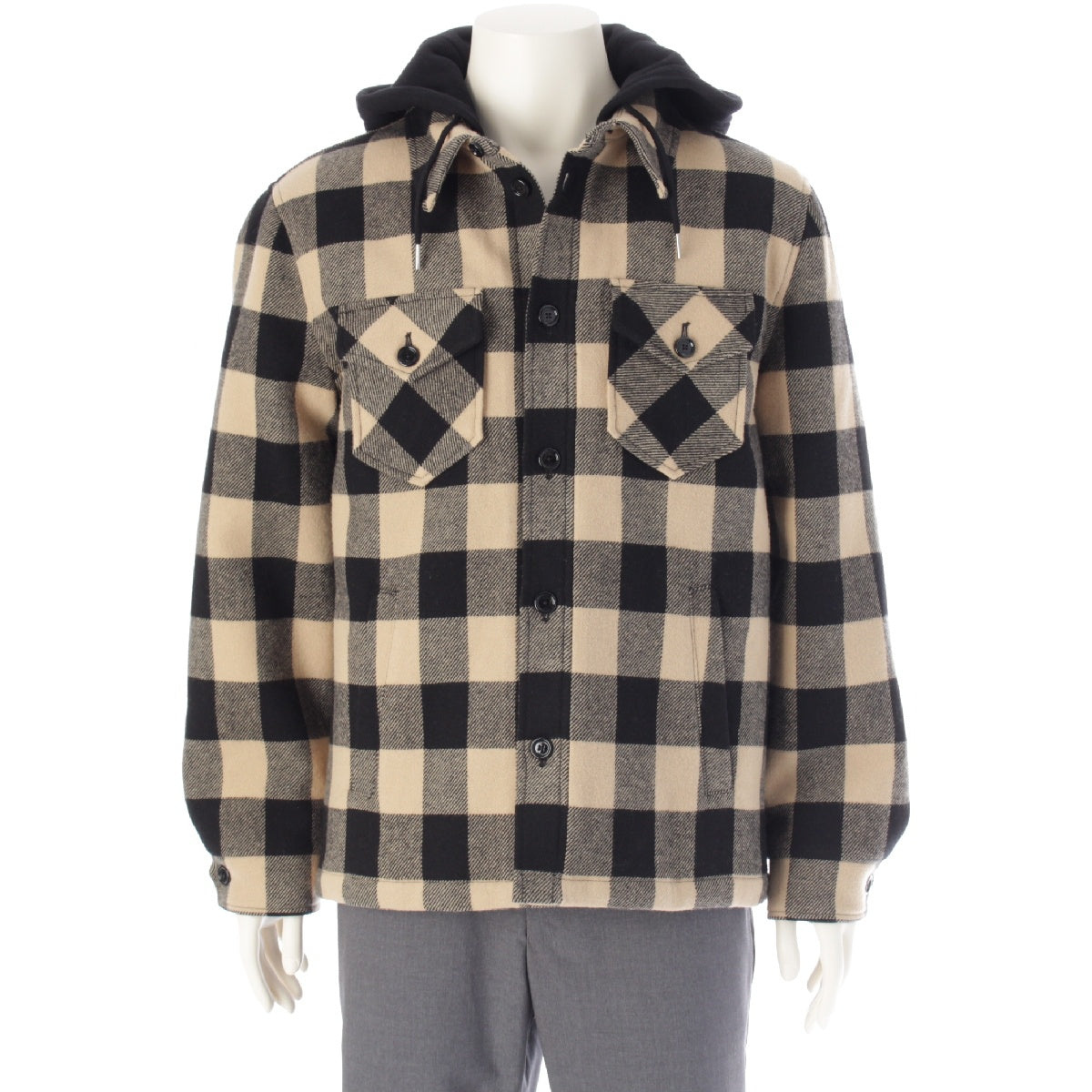 CELINE 24AW wool Logo hooded checked oversized shirt jacket outer 2W68A055Z Beige x black 48