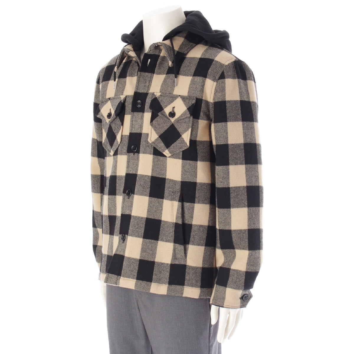 CELINE 24AW wool Logo hooded checked oversized shirt jacket outer 2W68A055Z Beige x black 48