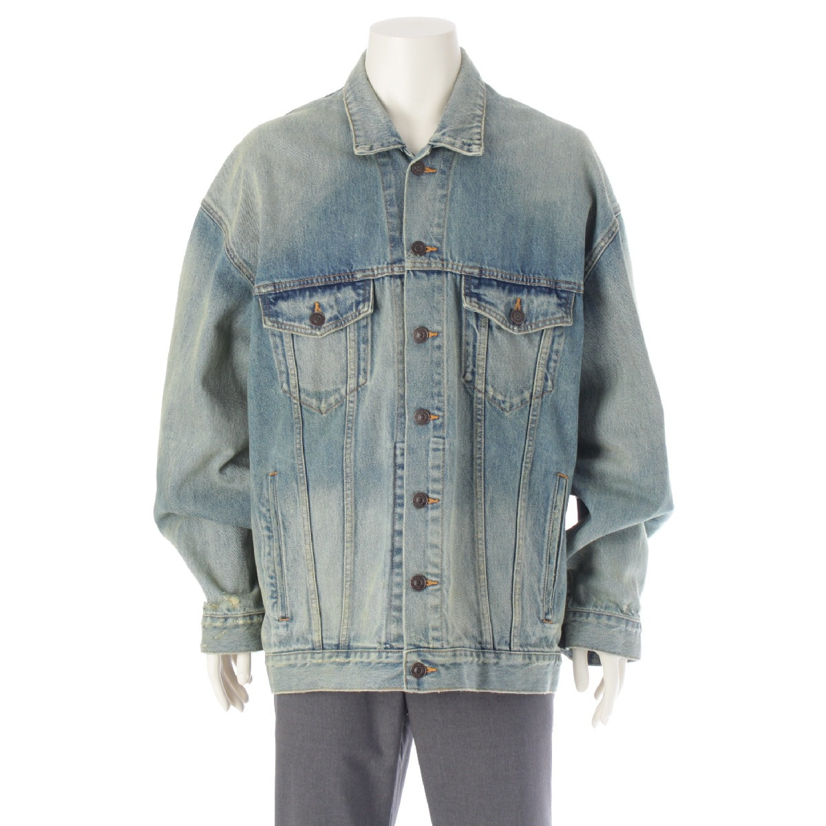 BALENCIAGA 22 years cotton Distressed Back Logo Oversized Denim Jacket outer 724647 Acid Blue Washed Blue L