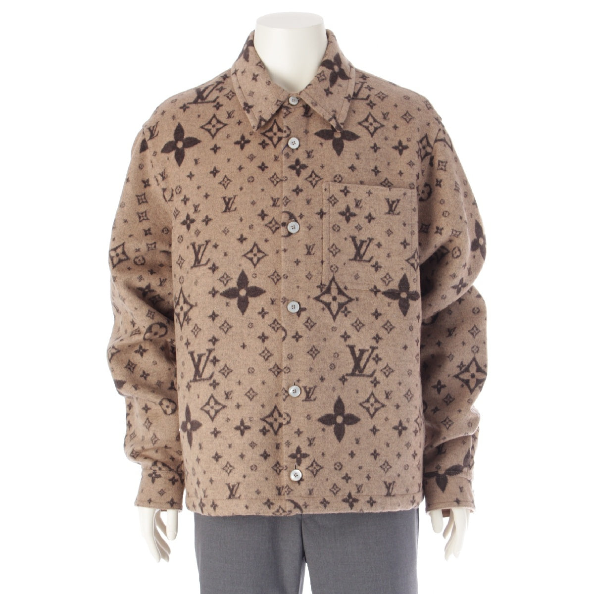 LOUIS VUITTON 25Stainless Steel Wool x Silk x Cashmere monogram shirt Jacket HSB39W Beige x brown 48