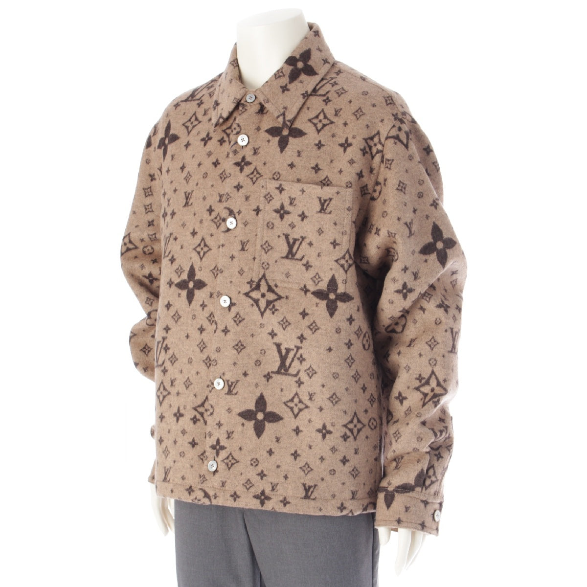 LOUIS VUITTON 25Stainless Steel Wool x Silk x Cashmere monogram shirt Jacket HSB39W Beige x brown 48