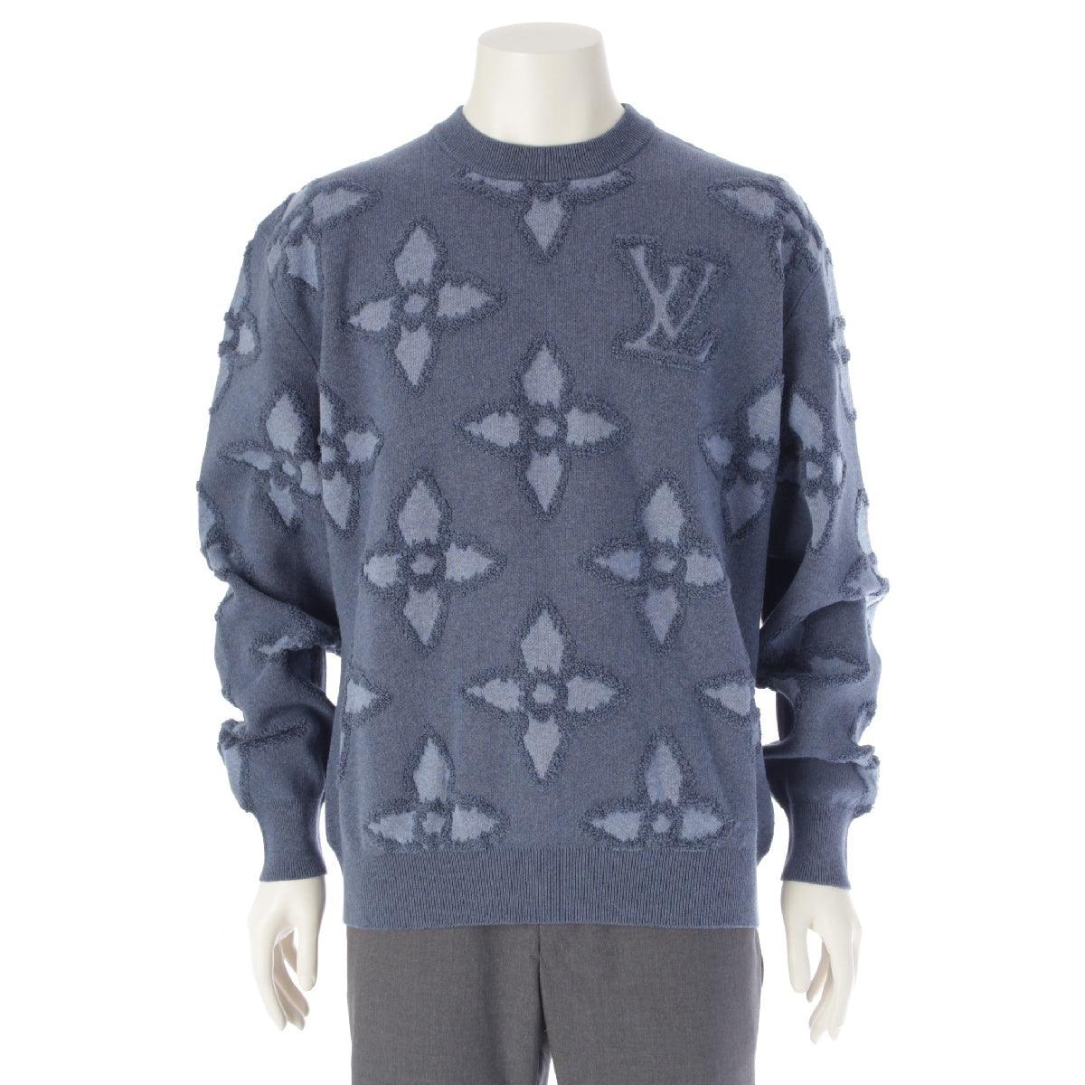 LOUIS VUITTON 25Stainless Steel cotton Monogram jacquard crew neck knit tops HSN10W Navy L