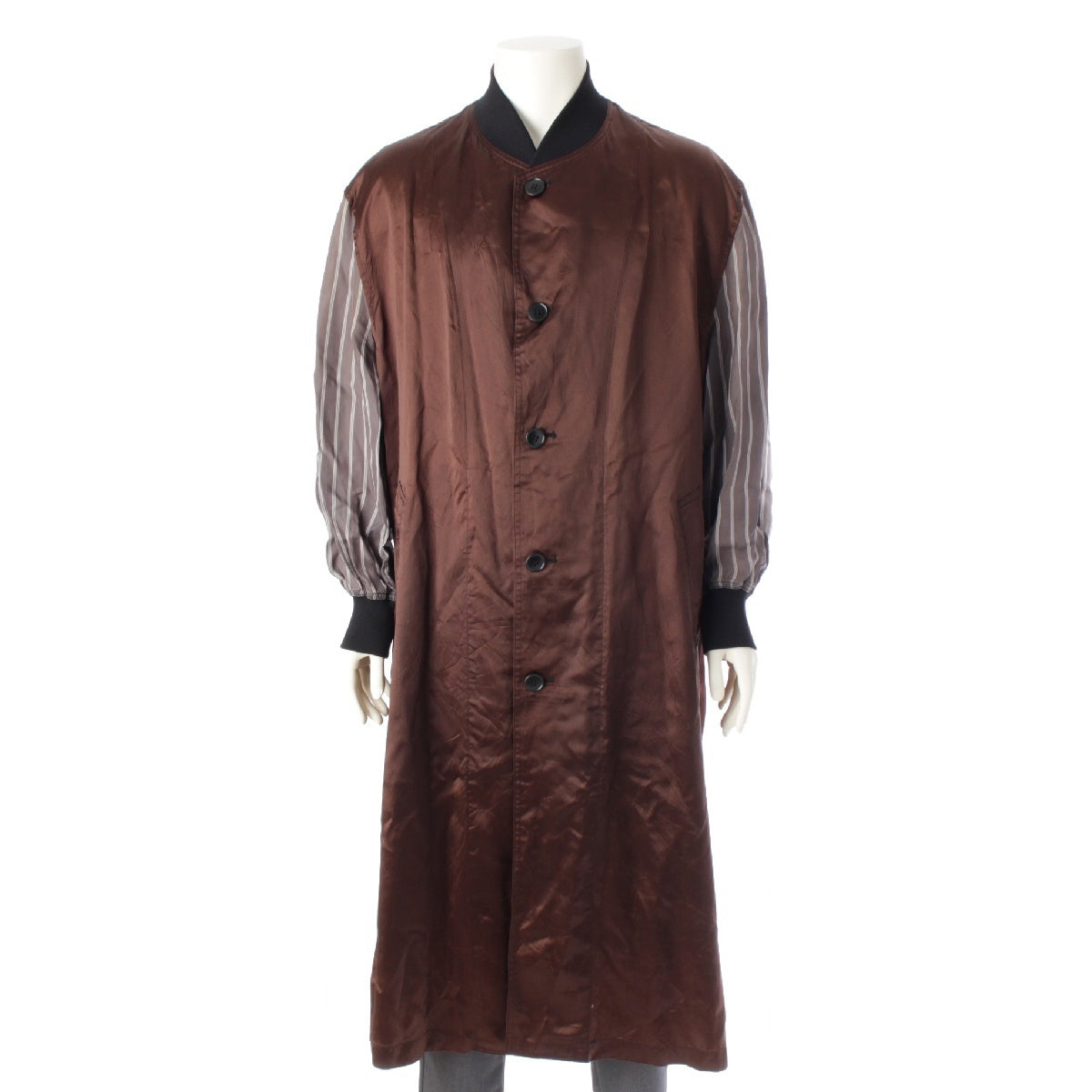 COMME des GARCONS Printemps-Ete 1986 Staff coat with striped sleeves and back print outer Shirts Jackets Haori Brown S