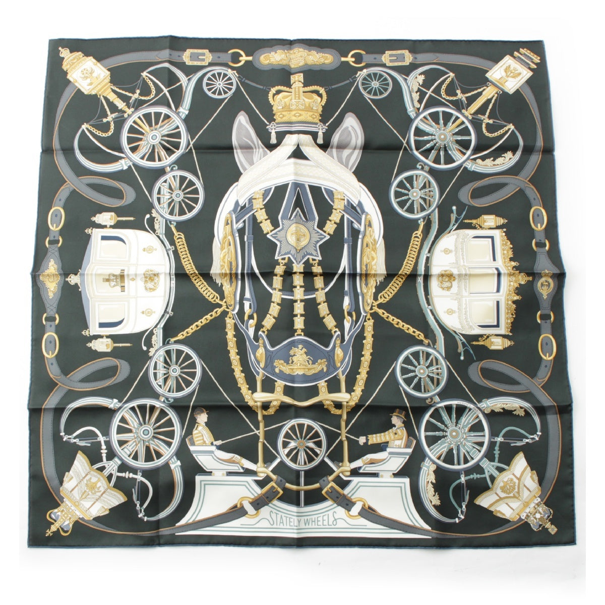 HERMES 24AW Calle 90 silk Stately Wheels scarf Vert Anthracite x Vieille All x White