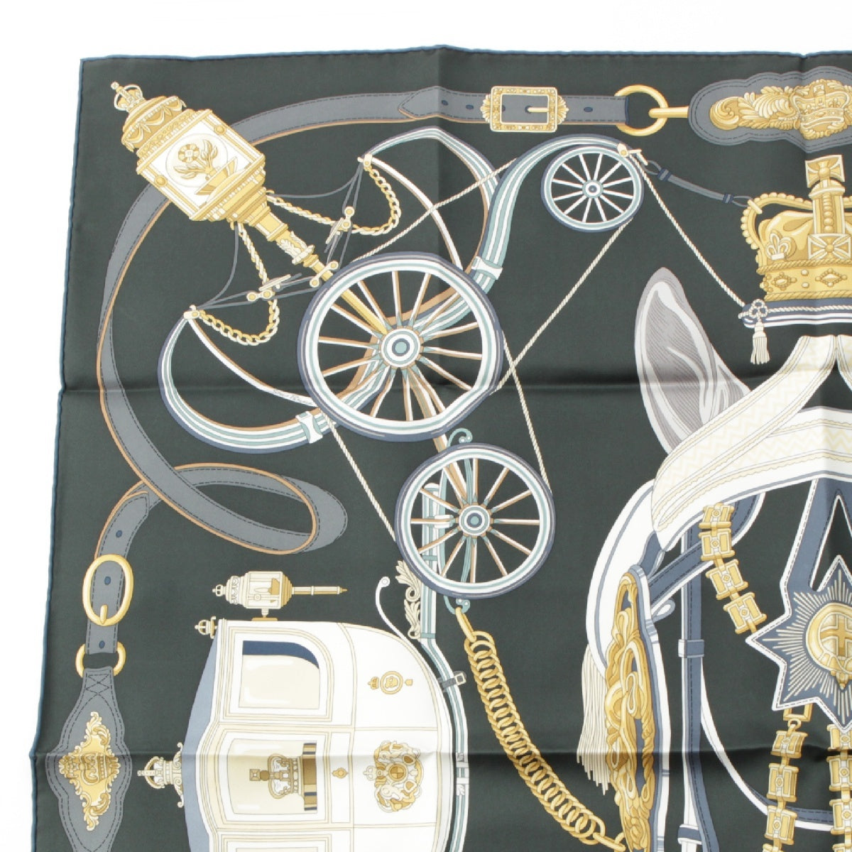 HERMES 24AW Calle 90 silk Stately Wheels scarf Vert Anthracite x Vieille All x White