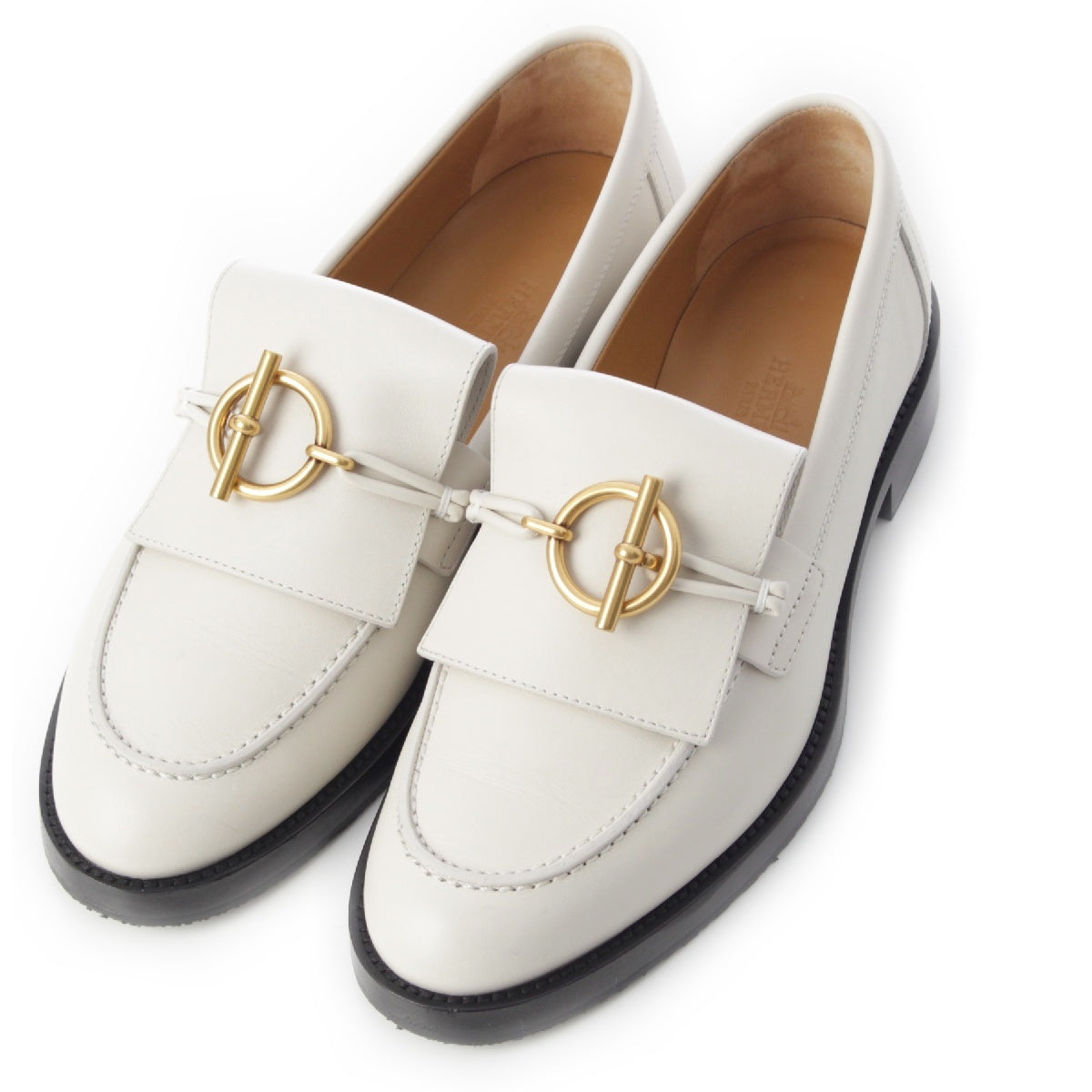 HERMES 24Stainless Steel leather Moccasin Impact loafers shoes White Blanc de Paris 37