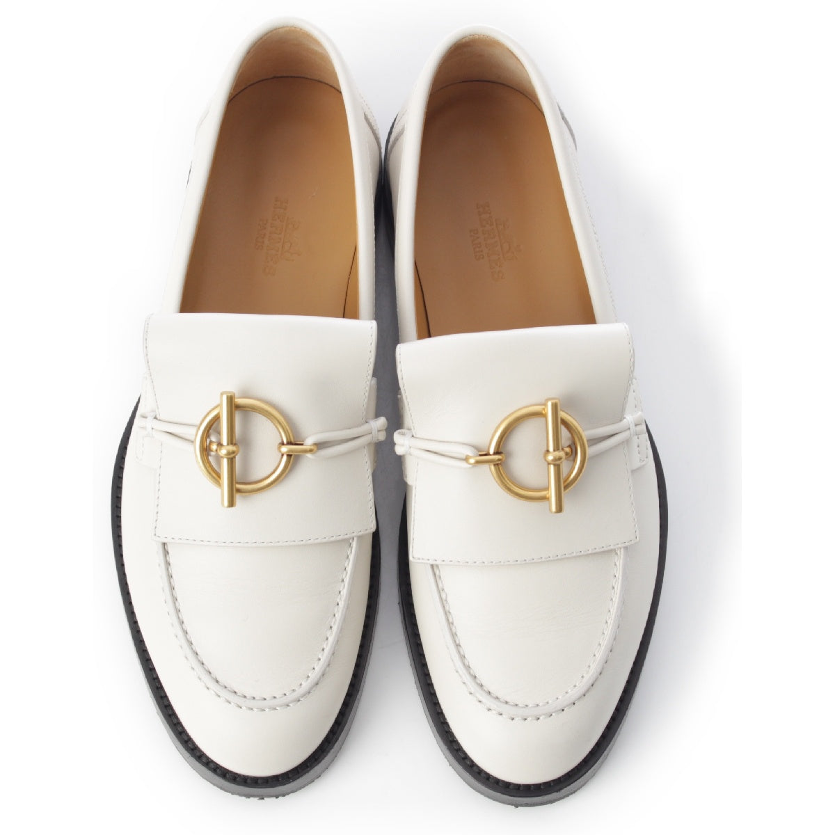 HERMES 24Stainless Steel leather Moccasin Impact loafers shoes White Blanc de Paris 37