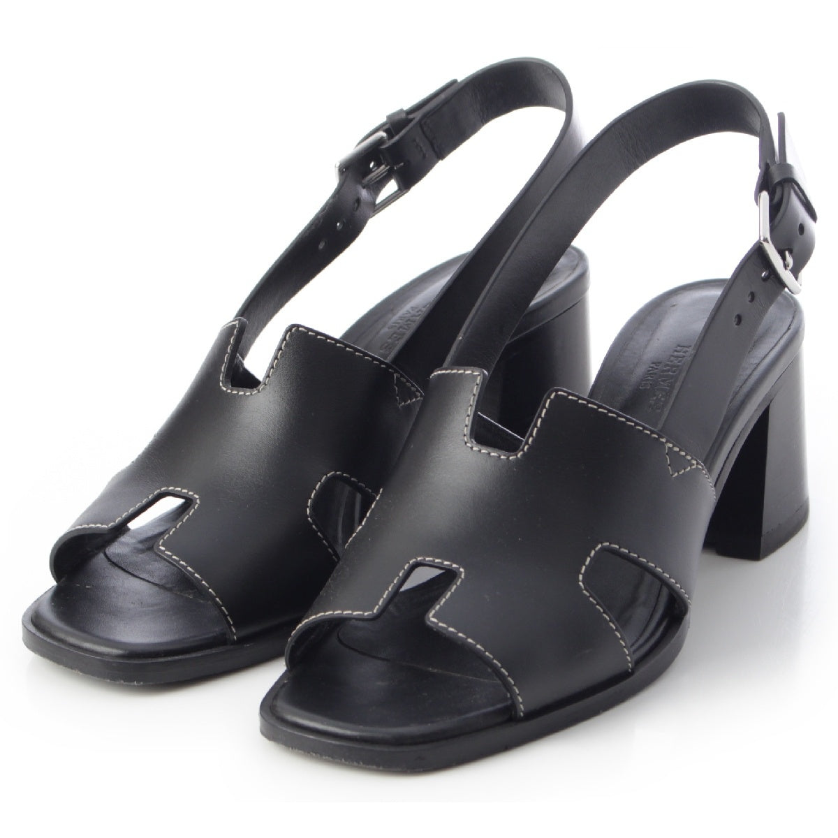 HERMES Elbe 60 leather H logo strap heel Sandals black 36.5