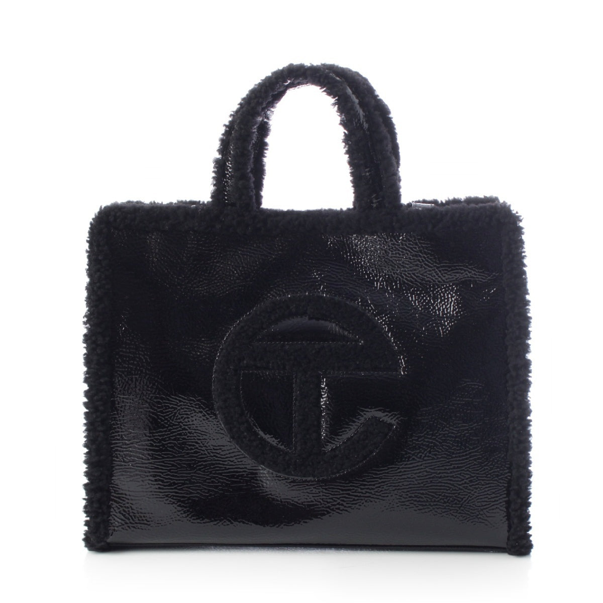 UGG Telfer Medium Shopper Crinkle Patent Leather Sheepskin 2way Shoulder Tote Bag 1155851 black