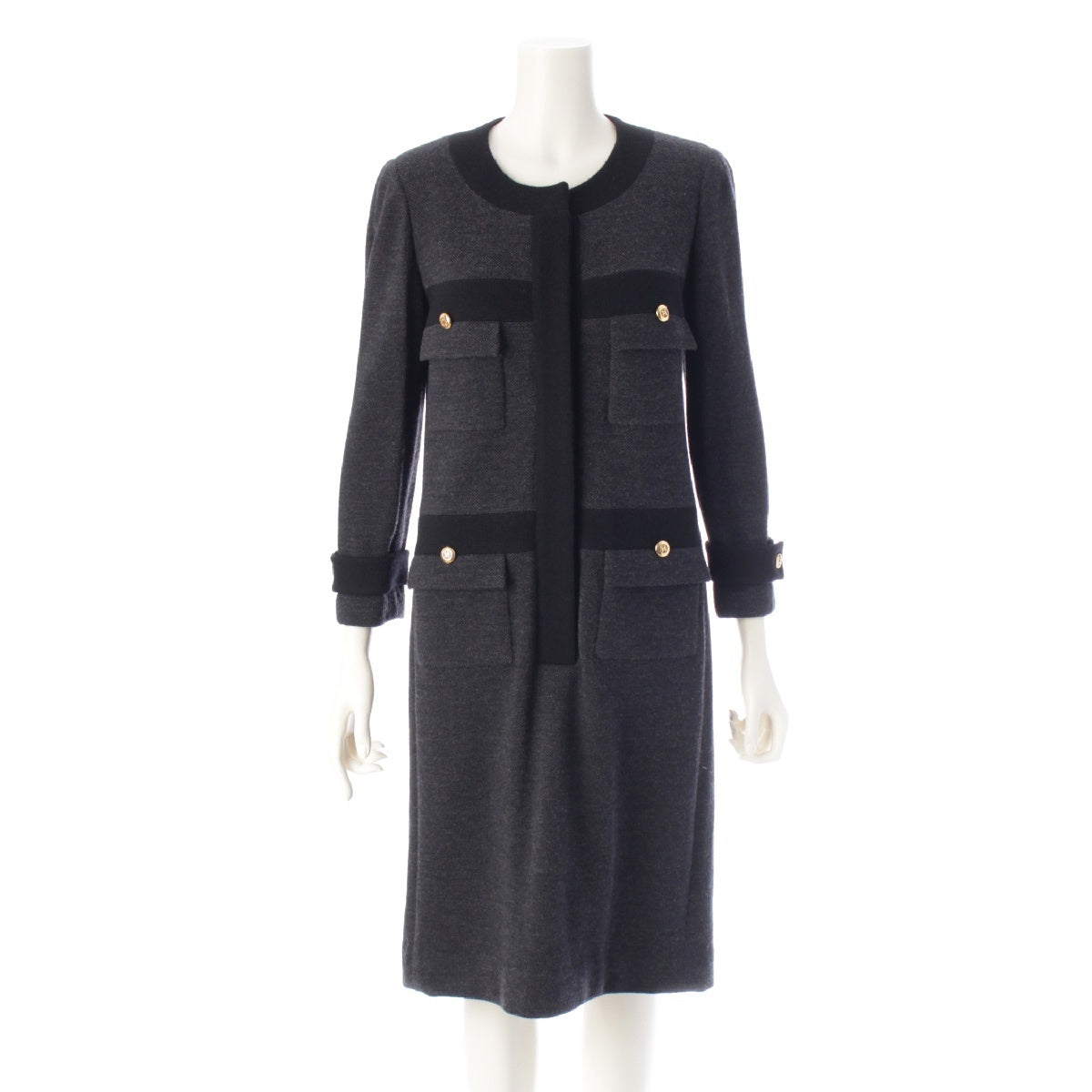 CHANEL wool Vintage COCO Mark Gold Button Trim one piece Handwritten tag 4 pocket dress 25016 Charcoal gray 34