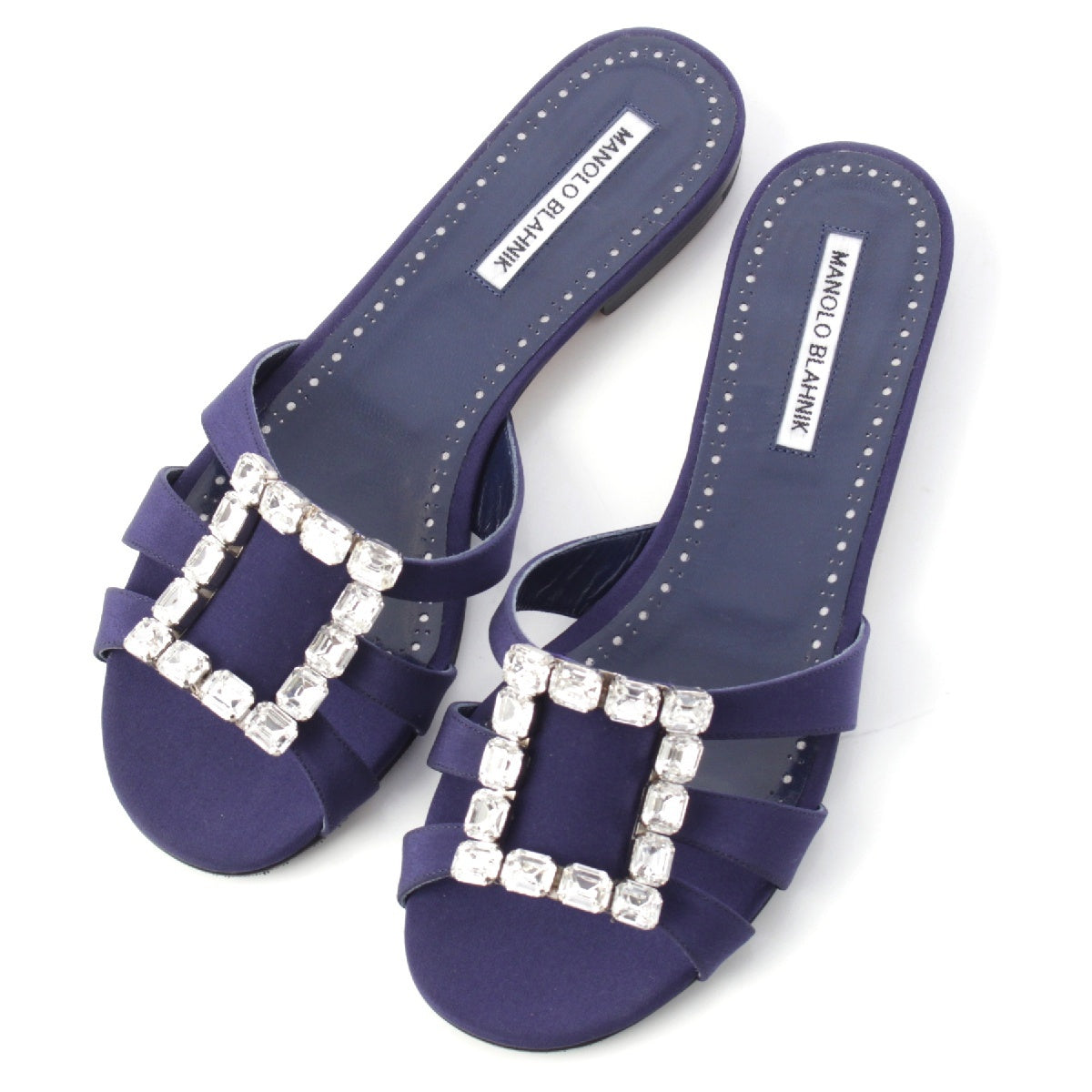 MANOLO BLAHNIK ILUNAFLAT Jewel Buckle Flat Mule Sandals 120-0936-0004 Navy 39 1/2