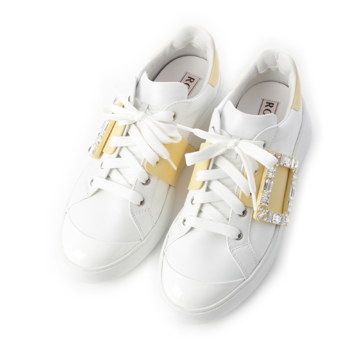 Roger Vivier VIV SKATE Bejeweled square buckle sneakers shoes White yellow 39