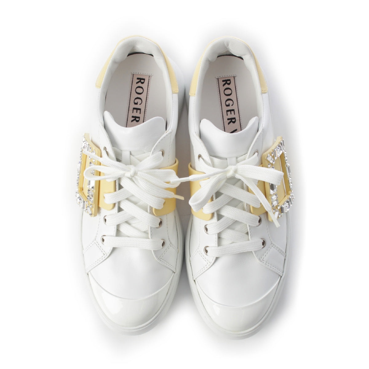 Roger Vivier VIV SKATE Bejeweled square buckle sneakers shoes White yellow 39