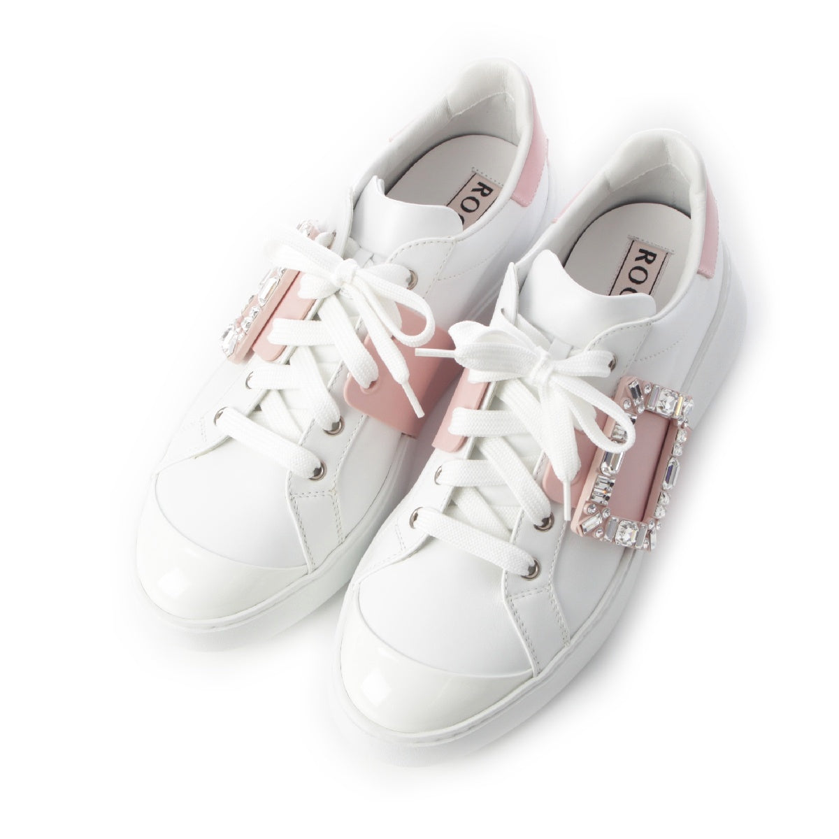 Roger Vivier VIV SKATE Bejeweled square buckle sneakers shoes White pink 39