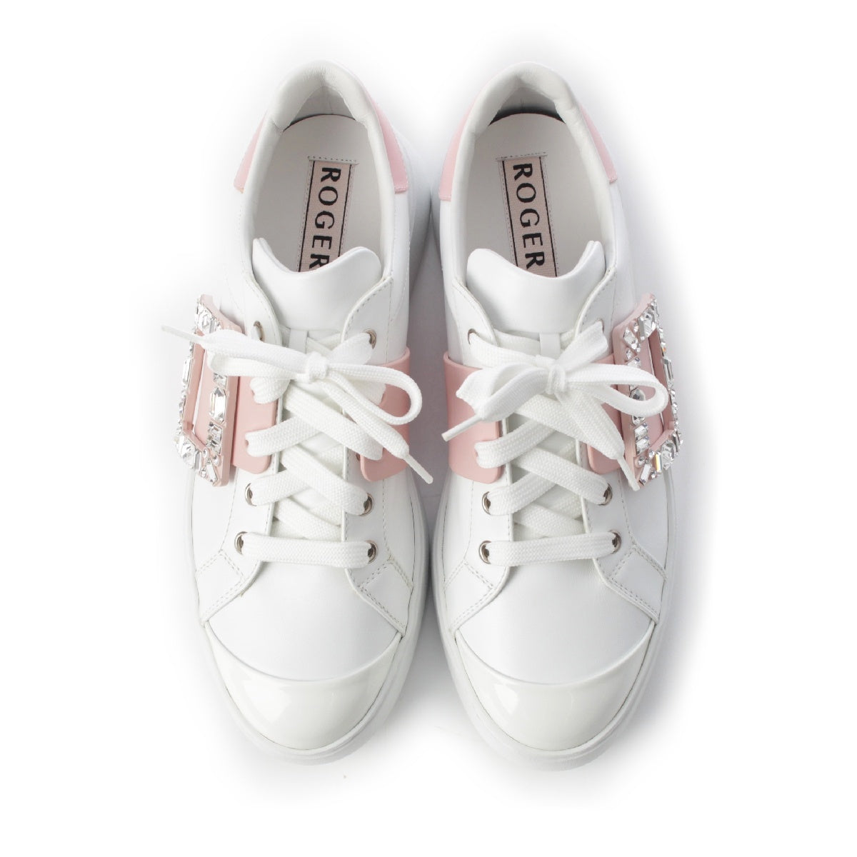 Roger Vivier VIV SKATE Bejeweled square buckle sneakers shoes White pink 39