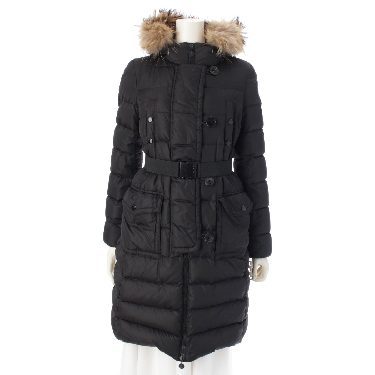 MONCLER GENEVRIER Nylon Fur Hood Belt Long down coat outer black 0