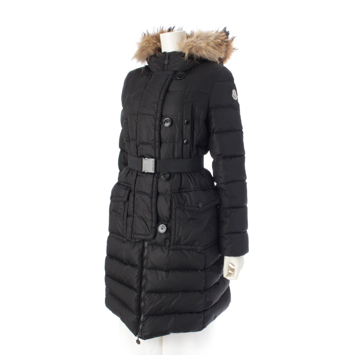 MONCLER GENEVRIER Nylon Fur Hood Belt Long down coat outer black 0