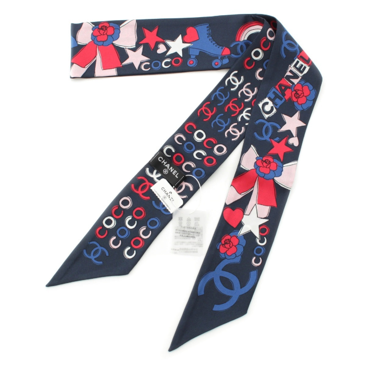 CHANEL silk COCO Mark Camellia, Ribbon, Star, All-over Print Hairband scarf Stall Navy multi-color