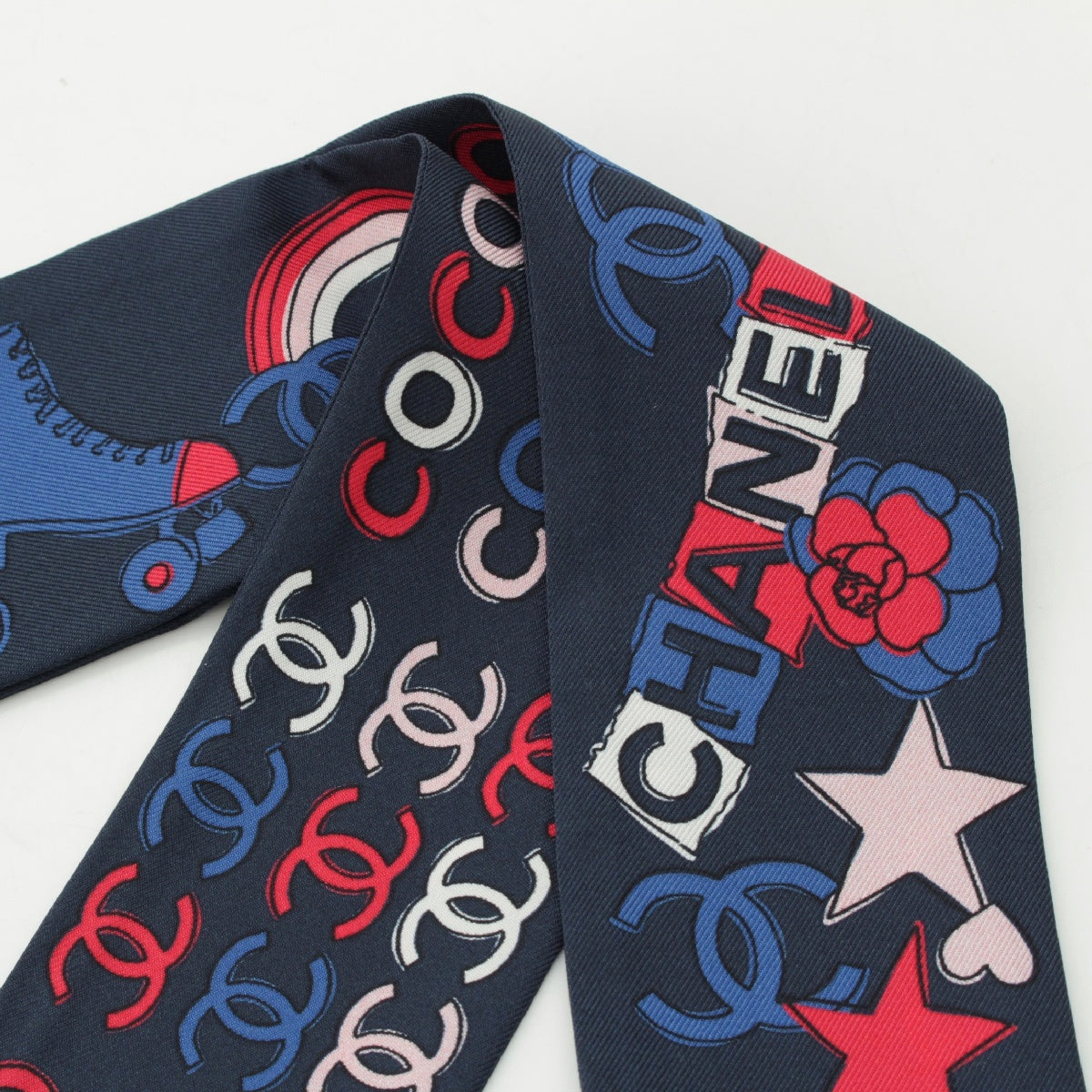 CHANEL silk COCO Mark Camellia, Ribbon, Star, All-over Print Hairband scarf Stall Navy multi-color