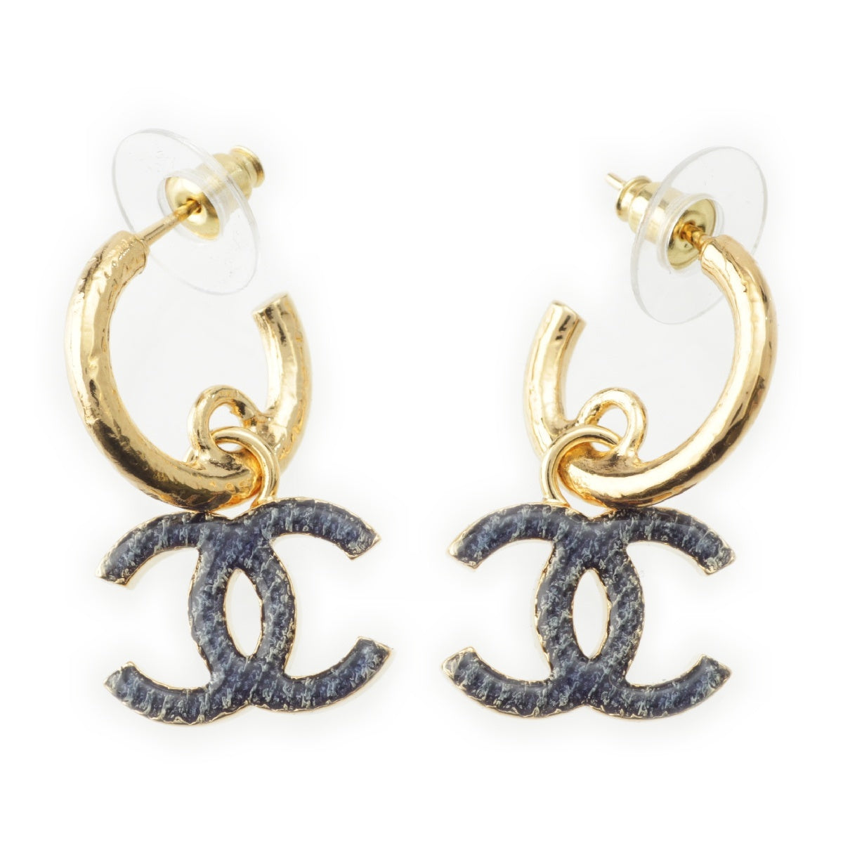 CHANEL I24P gold Denim COCO Mark Hoops Pierce Accessories Gold blue