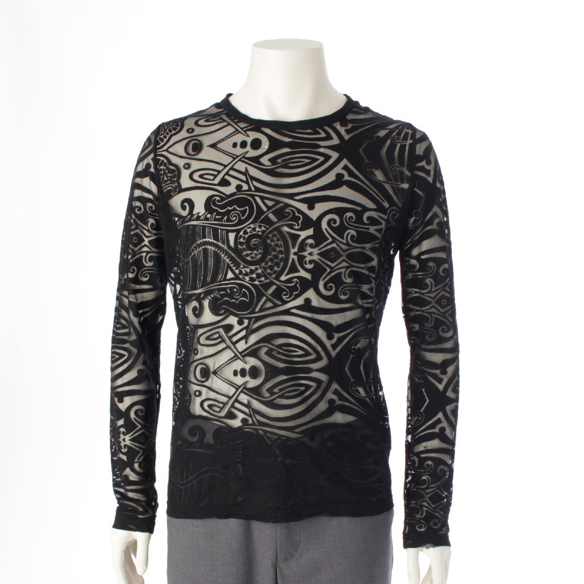 Jean Paul GAULTIER CLASSIQUE Rayon Tribal tattoo opal finish see-through Cut Long sleeve top black 48