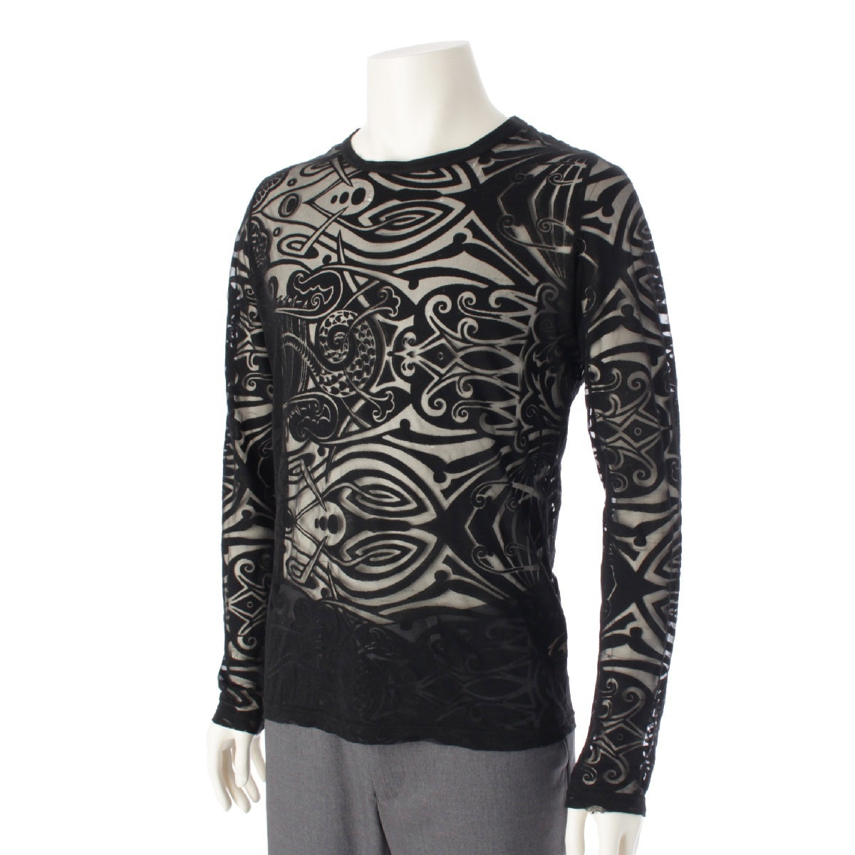 Jean Paul GAULTIER CLASSIQUE Rayon Tribal tattoo opal finish see-through Cut Long sleeve top black 48