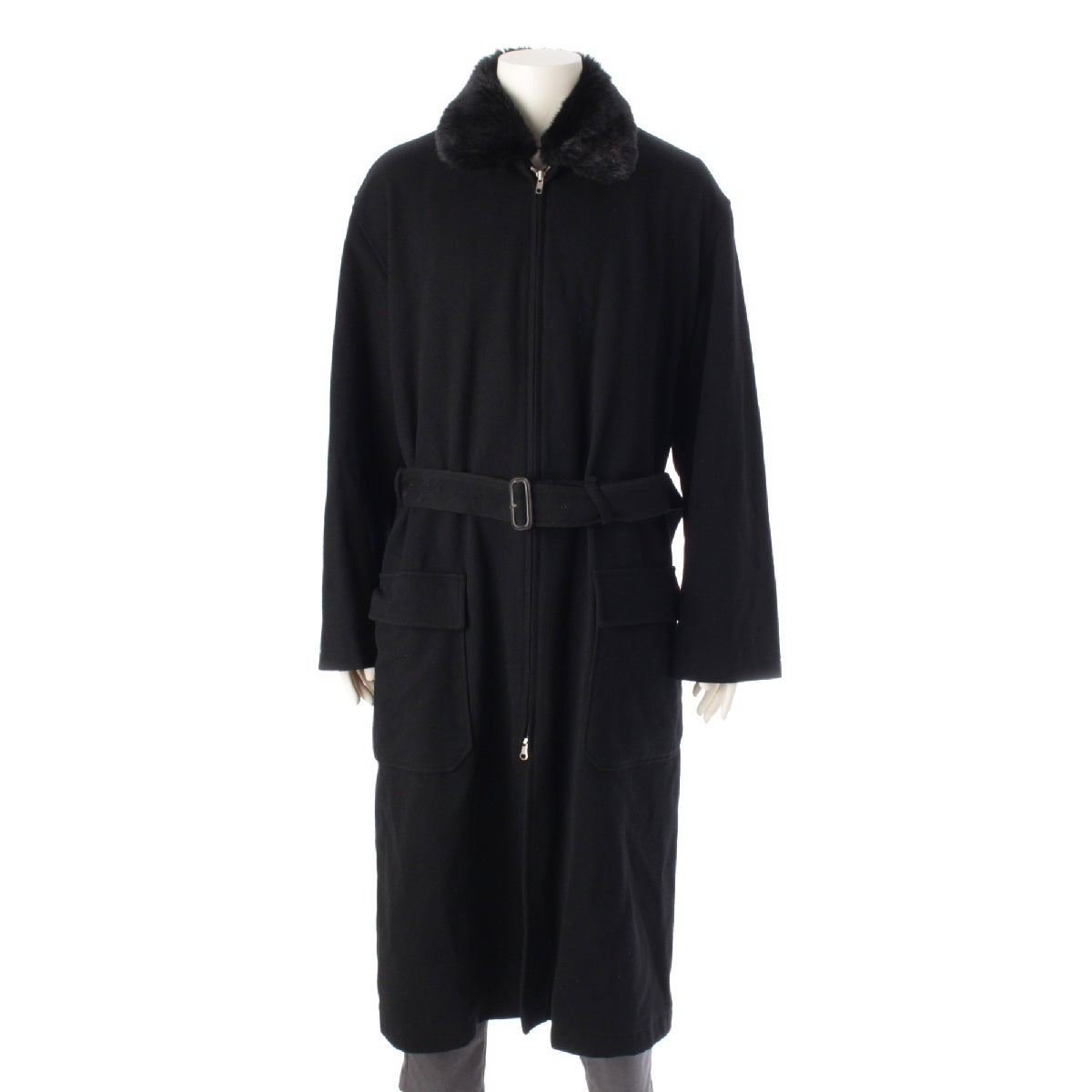 Y’s for men Melton wool Vintage fur collar zip-up long coat With belt MM-C08-159 black