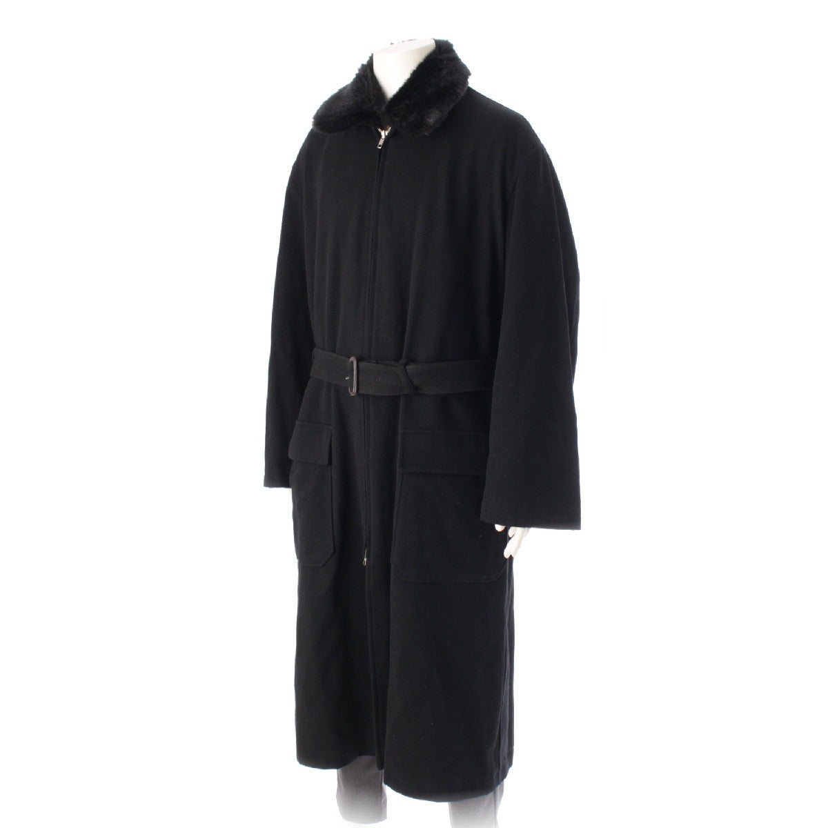 Y’s for men Melton wool Vintage fur collar zip-up long coat With belt MM-C08-159 black