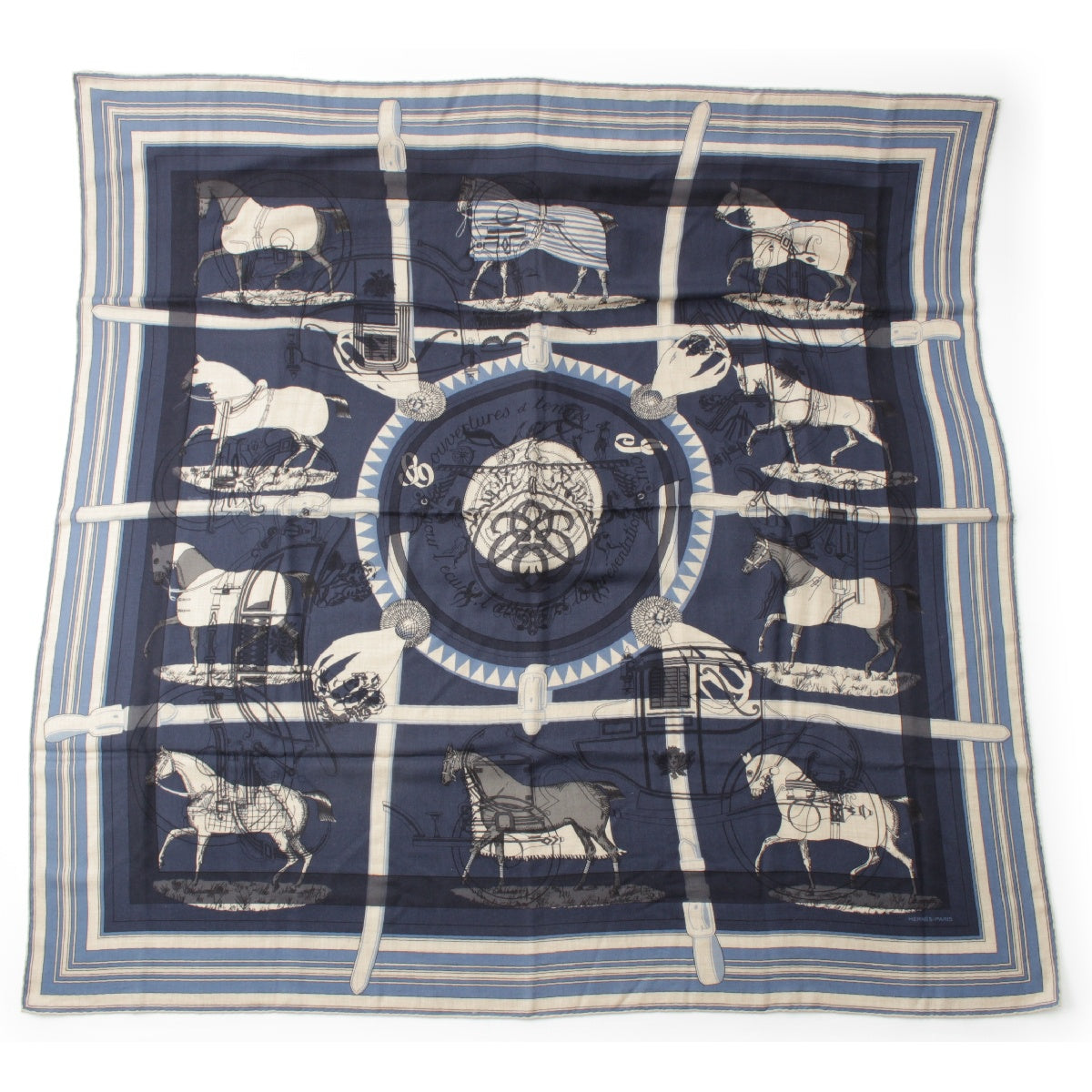 HERMES Calle Geant 140 Imprimeur Fou Cashmere x silk Large format scarf Couvertures and Tenues de Jour / Ex-Libris Stoles Shawls Navy